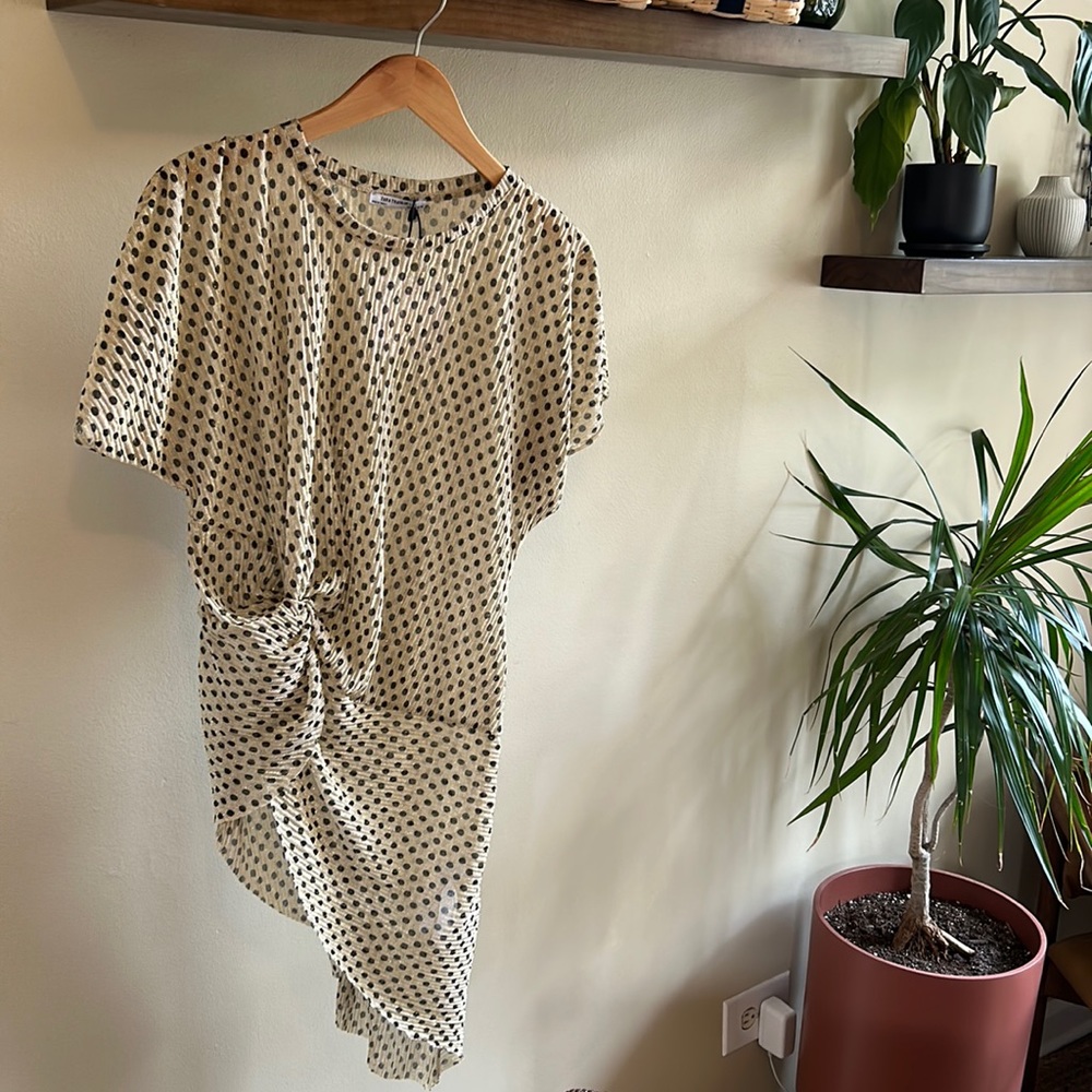 NWT Zara trafaluc gold sheer polka dot tunic